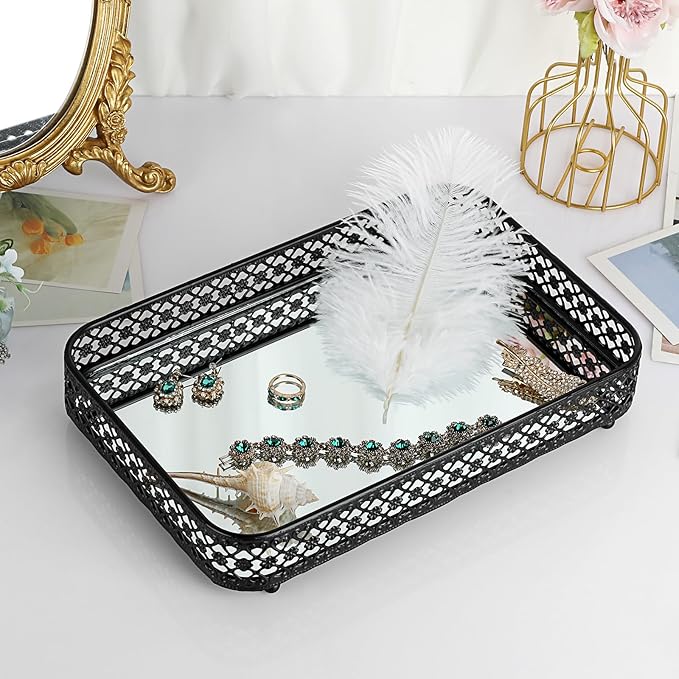 ELLDOO Black Perfume & Makeup Vanity Tray - Hollow-Carved Jewelry Storage, Glass & Metal Trinket Organizer for Dresser & Bathroom Countertop, Medium Size