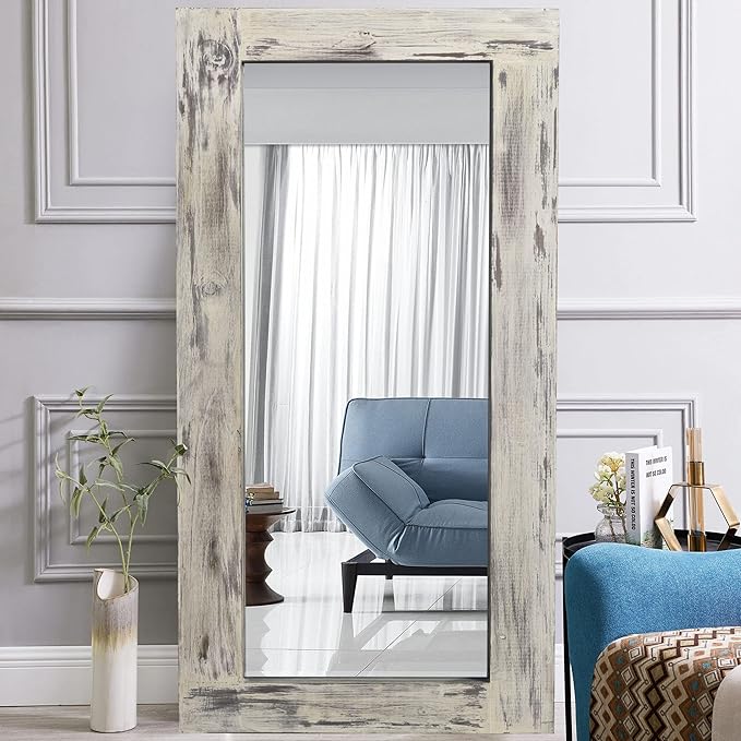 NeuType Floor Mirror Full Length, 71x32in Rustic Wood Frame Full Body Dressing Mirror, Wall-Mounted or Leaning Against Wall Standing Mirror, Farmhouse Decor for Bedroom Living Room,Retro White