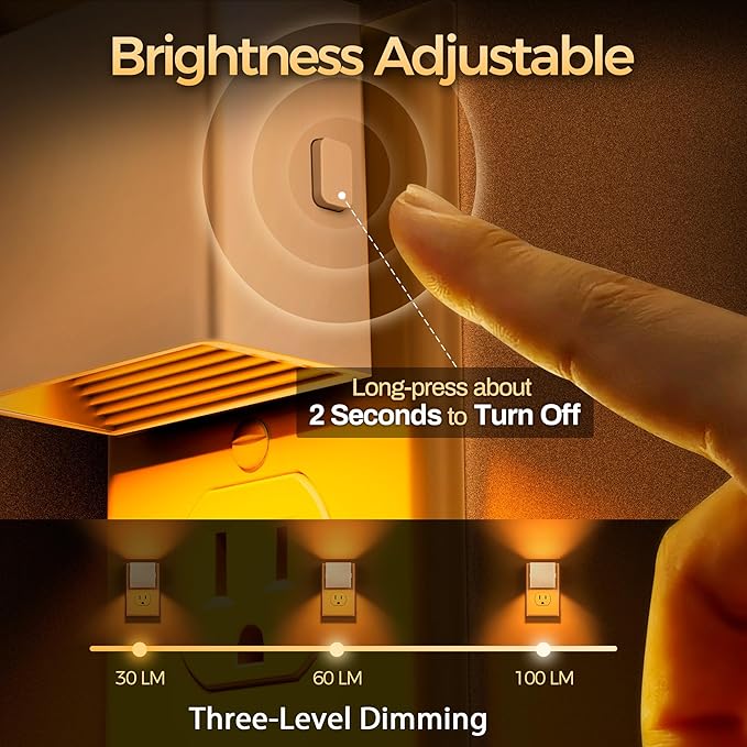 DORESshop LED Night Lights Plug into Wall [2 Pack], Plug in Nightlight, 3 Level Brightness Adjustable Night Light, Dusk to Dawn Sensor, Nightlights for Adults, Bedroom, Bathroom, Hallway, Amber