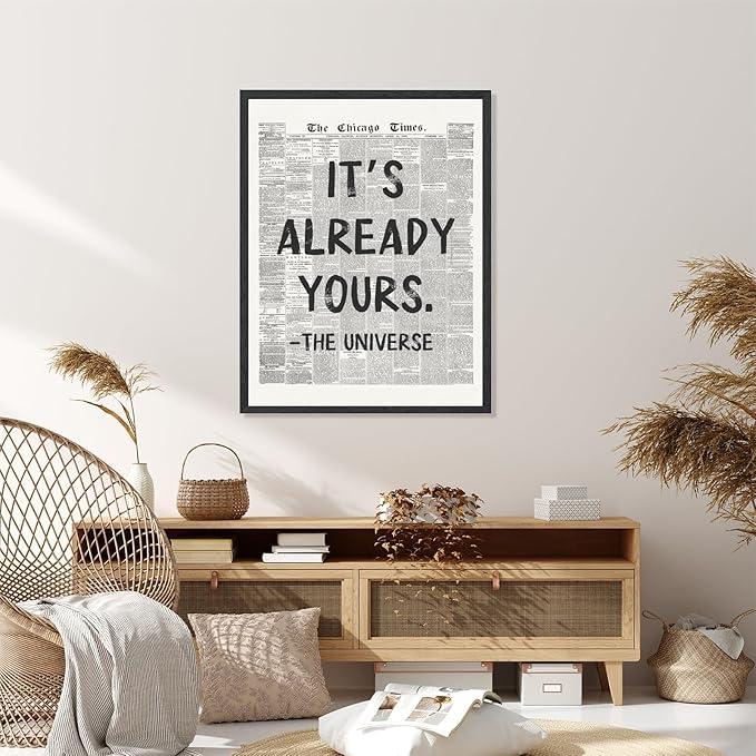 Licpach Retro Black and White Newspaper Wall Art It’s Already Yours – The Universe Positive Quote Poster Inspirational Canvas Print Motivational Wall Decor for Office Bedroom 16x24inch Black Frame