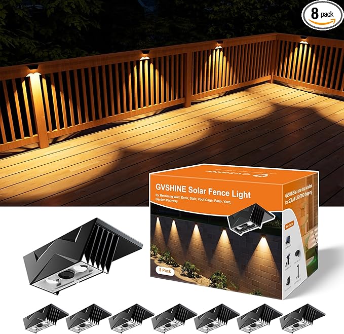 8 Pack Bright Solar Fence Lights Outdoor for Deck, Railing, Stair, Retaining Wall, Waterproof Led Accent Lamp Ambient Lighting with Spot Len for Patio, House, Pool Cage, Garden, Yard (Warm White)