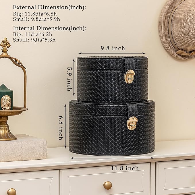 Large Leather Decorative Boxes Set of 2 Round Hat Box Bin Basket with Lid for Shelf Coffee Table Storage Remotes Modern Home Decor (black)