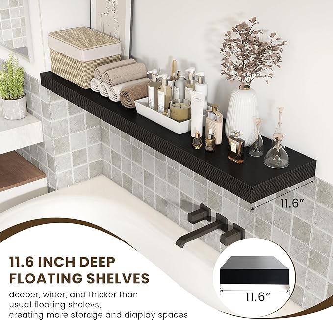 FLYJOE 12 Inch Deep Floating Shelves | 55 Inch Black Floating Shelves | 55" W x 12" D Rustic Wood Shelves for Wall | Deep Black Shelves for Living Room Bathroom Laundry Room Kitchen