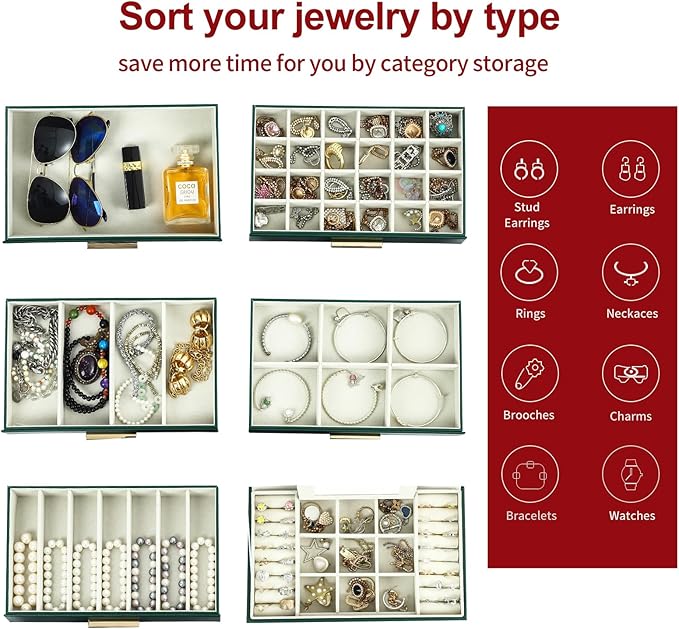BOOVO Jewelry Boxes for Women, White and Black 6 Layer Large Jewelry Box for Necklace, Bracelet, Earrings, Rings Storage, Jewelry holder Organizer for Girls Gift (Green and Gold, 6 layer)