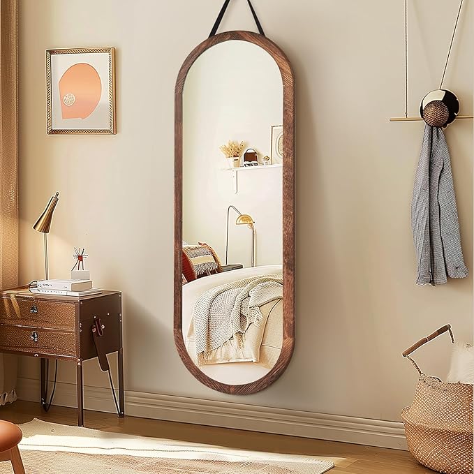 16"x48" Oval Full Length Mirror Solid Wood Wall Mirror with Hanging Strap for Living Room Bathroom Bedroom Entryway - Brown