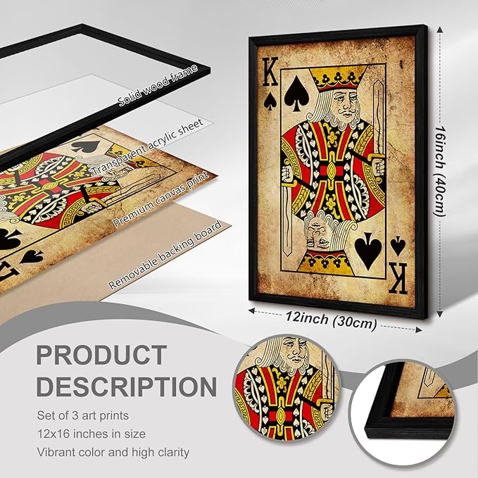 Playing Card Wall Art Poster Vintage Poker Canvas Wall Decor Retro Game Room Art Picture Joker King Queen Poster Trendy Retro Prints Vintage Poker Painting Artwork for Bedroom 12x16 Inch Framed 3Pcs