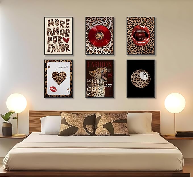 6pcs Fashion Leopard Wall Art Prints Leopard Lucky 8 Ball Poster Ace of Hearts, Spades Poker Canvas Prints Vintage Preppy Room Aesthetic Cheetah Wall Decor for Teen Girls Bedroom Dorm Apartment Living Room Decor Unframed