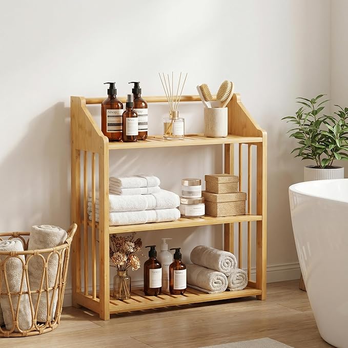 Goaste Bamboo Over The Toilet Storage Shelf, 3-Tier Wall Mounted Bamboo Rack Organizer, Floating Rack with Hanging Rod, Free Standing Shower Shelf with Adjustable Layer for Kitchen, Bathroom, Home