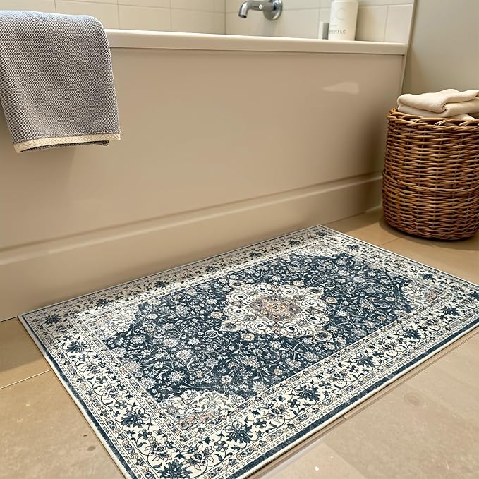 Goideal Washable Rug 2x3, Vintage Area Rugs Non Slip, Indoor Low Pile Carpet with Rubber Backing for Kitchen Bathroom Entryway Office Bedroom,Black & White