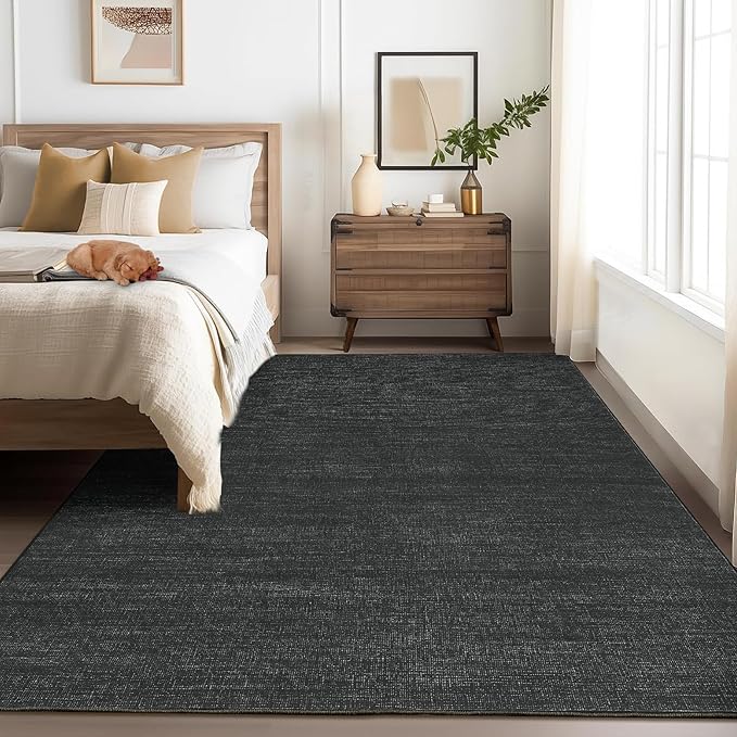 Washable Area Rug 8x10 for Living Room Bedroom Non Slip Minimalist Solid Color Area Rugs Modern Abstract Plain Dining Room Throw Carpet Low Pile Soft Classic Boho Rugs for Kitchen Nursery Oiifce,Black
