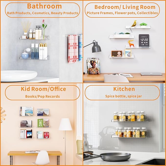 Yieach Clear Acrylic Shelves for Wall with Adhesive,2 Pack 15" No Drilling Floating Shelves for Bedroom,Vanity and Bathroom Wall Organizer,Hanging Display Shelf for Funko Pops,Lego,Perfume Shelf