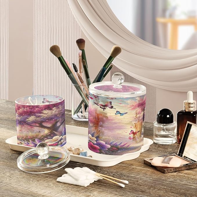 Purple Tree Butterflies Jars with Lids Bathroom Canisters Decorative Jars Laundry Container Floss Pick Holder for Home Decor Makeup Storage Countertop Organizer