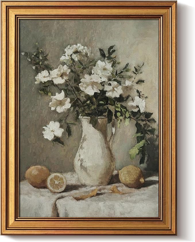 Bzstyleart Vintage Wall Art Decor for Living Room, Gold Framed Canvas Wall Art Prints Anthropologie Home Decor Aesthetic, Lemon Painting Botanical Flower Print, 12 x 16 Inch