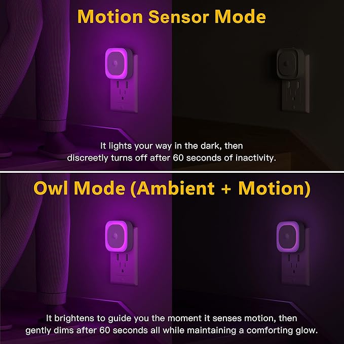 YUNLEX 2 Pack Plug in Night Light with Motion Sensor & Dusk to Dawn Sensor, 3 Sensor Modes, Purple Night Lights Plug into Wall, Dimmable Calming Glow for Meditation, Relaxation, Bathroom, Bedroom