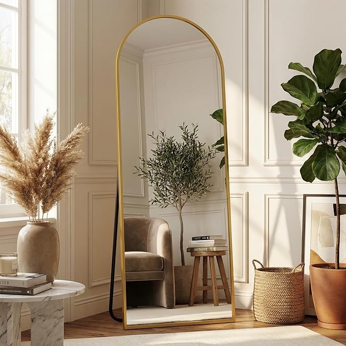 Suidia 56"x15" Arched Full Length Mirror with Stand, Full Body Mirror with Aluminum Frame, Freestanding/Leaning/Wall-Mounted, Floor Mirrors for Bedroom, Living Room, Entryway, Dressing Room, Gold