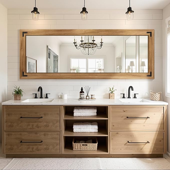 TRAHOME Full Length Mirror with Wooden Frame, 65"X24" Solid Wood Standing Floor Mirror for Farmhouse, Bathroom, Bedroom, Hanging or Leaning Wall-Mounted