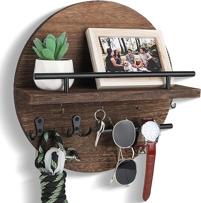 Key Holder for Wall Decorative with Shelf and Hooks, Unique Mail Organizer Wall Mount with Sunglasses Holder, Cute Circular Design Entryway Key Rack Hanger, Rustic Home Decor Boho Wall Decor