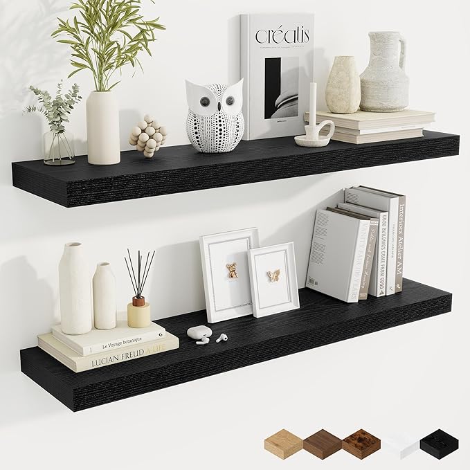 Fun Memories 40 Inch Black Floating Shelves, 9.3 Inch Deep Wall Shelves for Living Room|Bedroom|Kitchen, Rusitc Wall Mounted Bathroom Shelves 2 Pack, Heavy-Duty Deep Shelf for Books，Decor