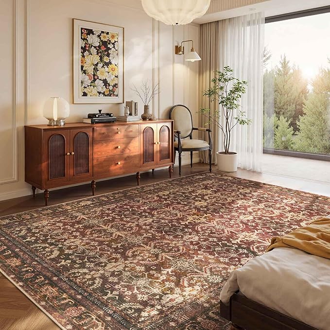 Rugxara 6x9 Area Rugs for Living Room Bedroom, Large Washable Christmas Rug, Vintage Oriental Boho Rug, Non Slip & Low Pile Faux Wool Thin Carpet for Indoor Dining Room, Classroom Dorm and Kids Room