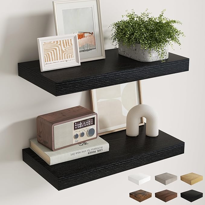 12 Inch Deep Floating Shelves for Wall, 24 x 12 Rustic Wood Grain Bathroom Shelves with Invisible Brackets, Easy Install Wood Storage Shelves for Kitchen, Living Room, Bedroom, Black, Set of 2