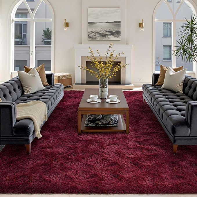 FinRèc 8x10 Feet Red Rug for Living Room Bedroom, Fluffy Shag Area Rug, Non-Slip Plush Fuzzy Rugs for Nursery Kids Room Dorm Room Home Decor, Indoor Furry Floor Carpet