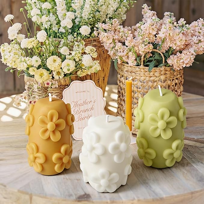 Lyrow 3 Pcs Daisy Pillar Candles 3D Embossed Floral Candle Set 3'' H Easter Decorative Candles for Spring Wedding Home Dinner Decor Housewarming Gifts