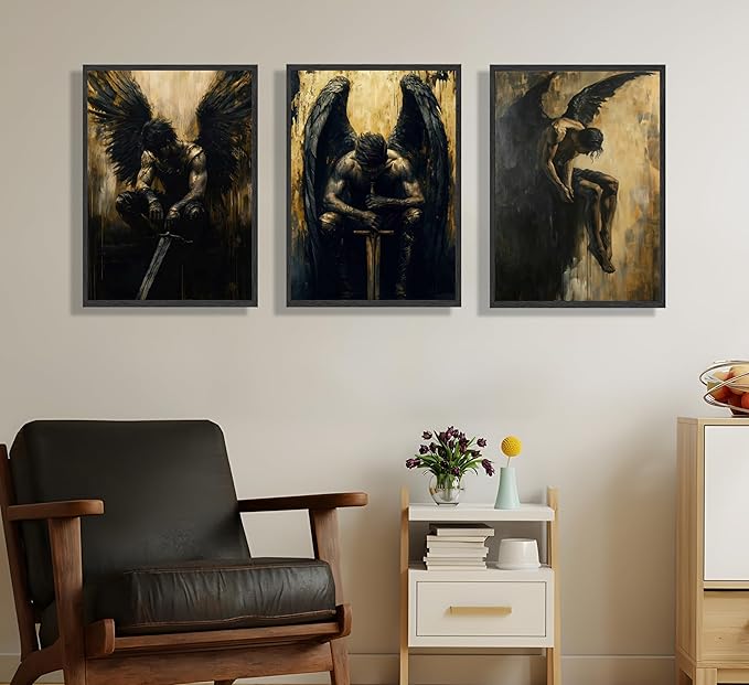 FJKLRP Gothic Dark Angel Wall Art Mural Set 3pcs Black-Winged Male Warrior Canvas Wall Decor Abstract Dark Preppy Style Poster Suitable for Living Room Bedroom and Office Unframed