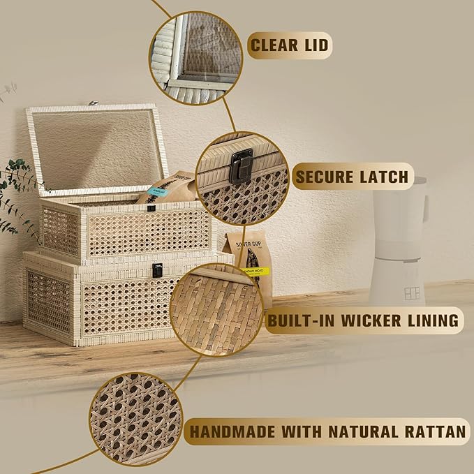 Decorative Box,Rattan Display Boxes with Lids,Set of 3-Rectangular Decorative Storage Box Set,Natural Woven Storage Bins for Home Decor