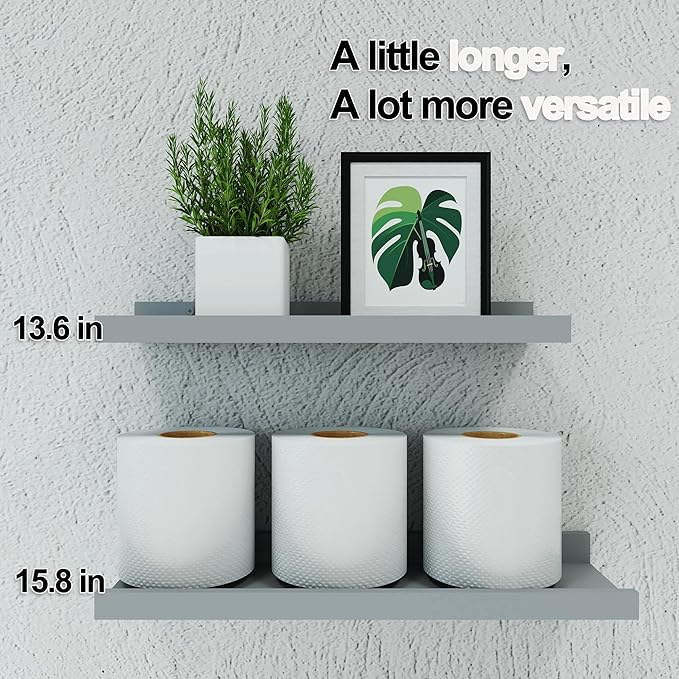 Floating Shelves for Wall Decor, Wall Mounted Wood Storage Shelf for Bedroom, Living Room, Bathroom, Kitchen, Nursery, Display Picture Ledge Shelf with Lip Set of 2-14 Inches, Grey