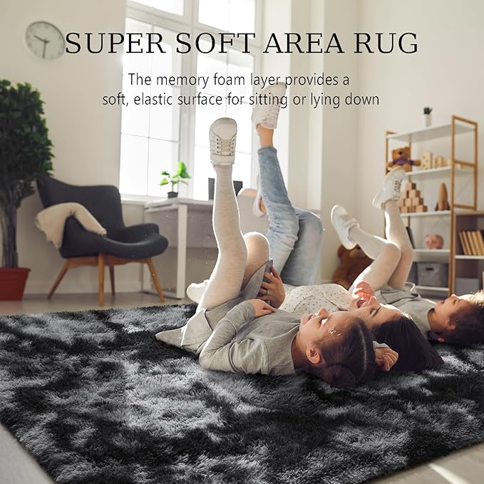 BENRON Fluffy Tie-dye Black Rugs for Living Room Bedroom 4x6, Soft Plush Fuzzy Shaggy Rugs for Kids Girls Boys Room Decor, Washable Indoor Floor Carpets