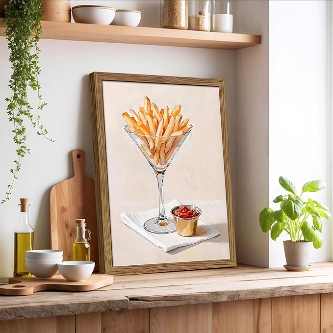 Modern Kitchen Wall Art, Funny Fries in Glass Canvas Wall Decor Painting, Vintage Minimalist Fries Ketchup Food Artwork Prints Pictures for Dining Room Kitchen Decor 16x24 Inch Wood Framed
