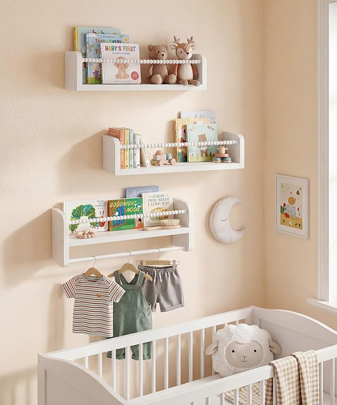 Nursery Book Shelves for Wall Set of 3, White Natural Wood Bookshelf Wall Decor, Small Floating Shelf Organizer for Kids Room, Bedroom, Kitchen Spice Rack