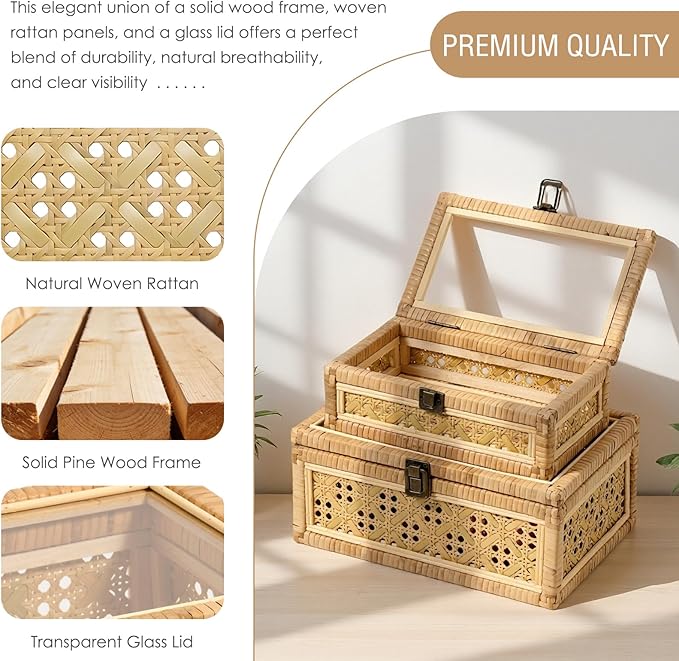 Decorative Rattan Box with Clear Glass Lid Wooden Frame Handmade Boho Natural Wicker Basket Woven Cane Bin Keepsake Memory Jewelry Organizer Rectangular Desk Shelf Closet Container (Small)