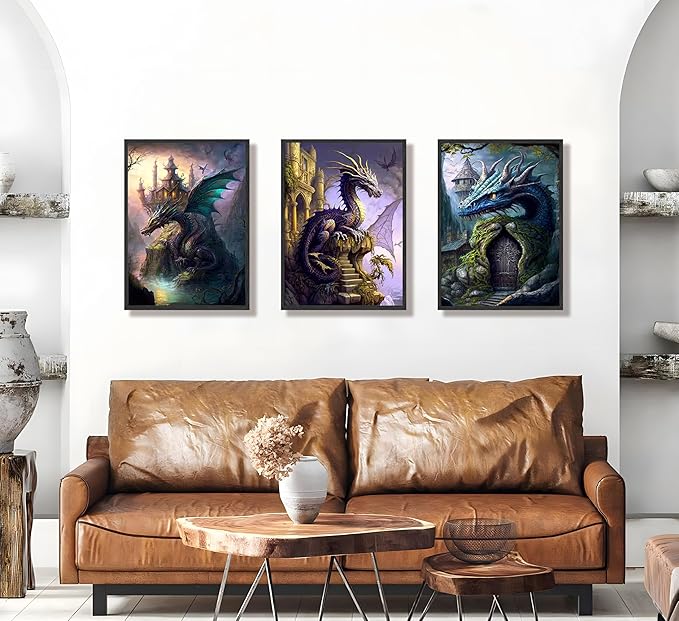 FJKLRP 3pcs Fantasy Dragon Wall Art Castle & Mythical Dragon Design Canvas Prints poster Fantasy Wall Decor with Fantasy Themed Wall Decor for Bedroom Gaming Room Living Room Decoration Unframed