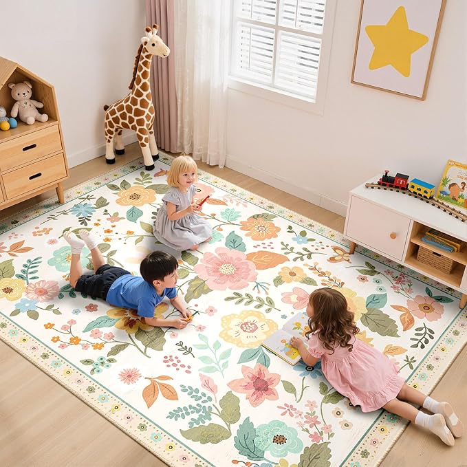 RELEANY Floral Nursery 6x9 Area Rugs Washable Print Boho Cute Carpet Non Slip Flower Low Pile for Living Room Kids Girls Playroom Bedroom Kitchen Office Farmhouse-Beige/White/Orange