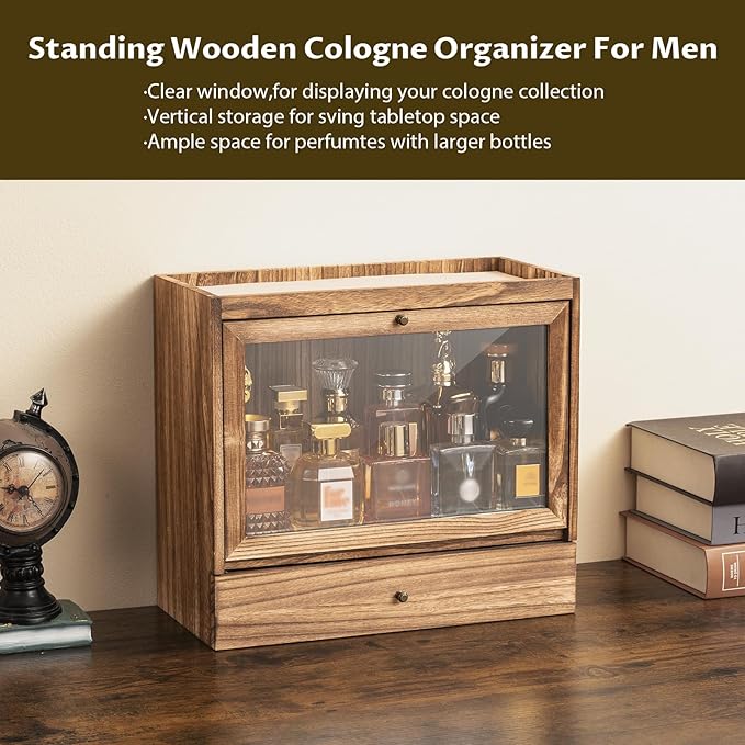 Emfogo Cologne Organizer for Men, Solid Wood Perfumes Organizer for Men Dresser, Large Capacity Dustproof Cologne Holder with Drawer Storage Perfume Stand Organizer, Ideal Gift for Loved ones