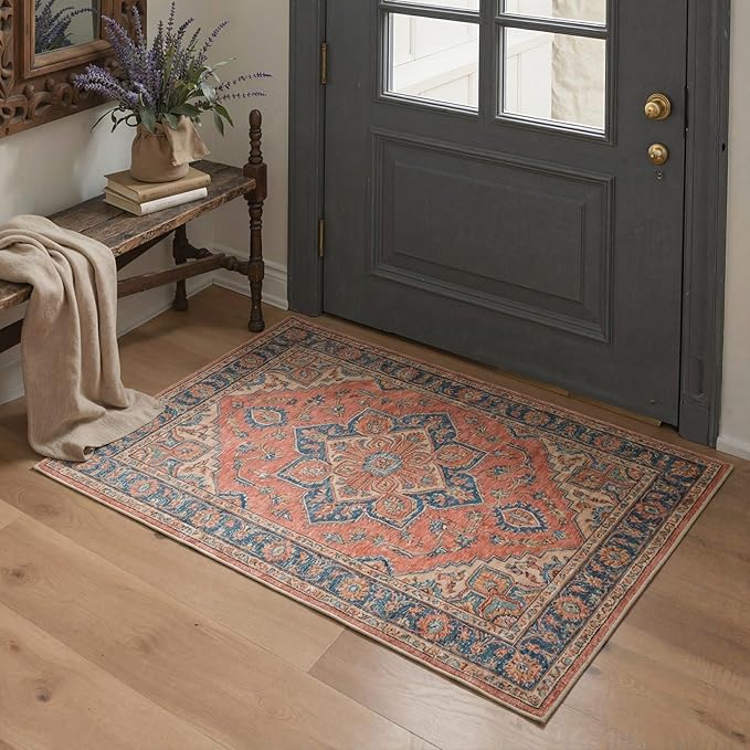 GENIMO 2x8 Runner Rugs for Hallway, Machine Washable Non Slip Vintage Rugs, Low Pile Lightweight Soft Print Carpet for enrtyway, Corridor, Home Office, Kitchen, Dusty Terracotta