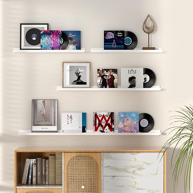 Fun Memories Picture Ledge Shelf, 32 Inch Floating Shelves Set of 2, Large Nursery Book Shelves for Toys Storage, Kids Bookshelf Wall Mounted for Wall Decor Books Photo Frames, White