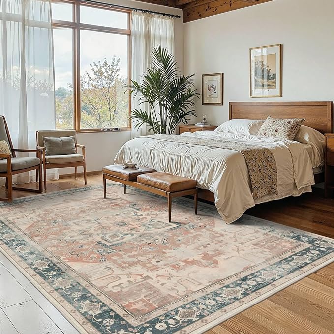 Rugxara 6X9 Orange Boho Rug,Large Washable Area Rugs for Living Room, Neutral Vintage for office, Dining Room, Kids Room, Farmhouse, Low Pile Non Slip Carpet for High Traffic Areas, Coral(orange&blue)