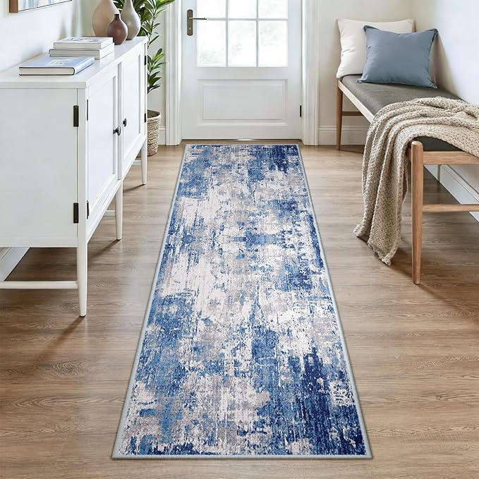 RELEANY Washable Area Rugs 3x8 Non-Slip Modern Abstract Soft for Living Room Entryway Bedroom Nursery, Print Pattern, Blue Grey Navy Gray