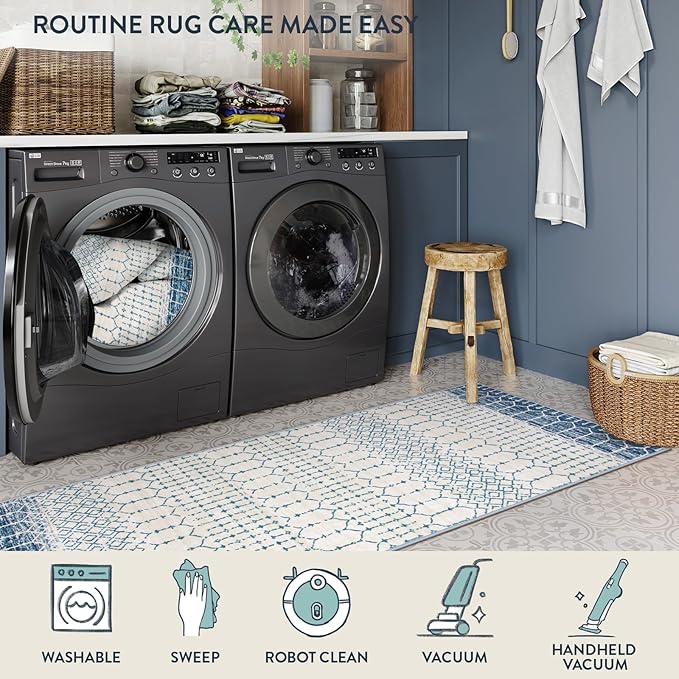 Lahome Moroccan Washable Blue Runner Rug 2x6 Rug Runners for Hallways Non Slip Throw Stain Resistant Kitchen Runners, Geometric Print Distressed Indoor Floor Rug for Entryway Bathroom Bedroom Hana
