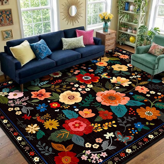 RELEANY Floral Nursery 9x12 Area Rugs Washable Print Boho Cute Carpet Non Slip Flower Low Pile for Living Room Kids Girls Playroom Bedroom Kitchen Office Farmhouse-Black