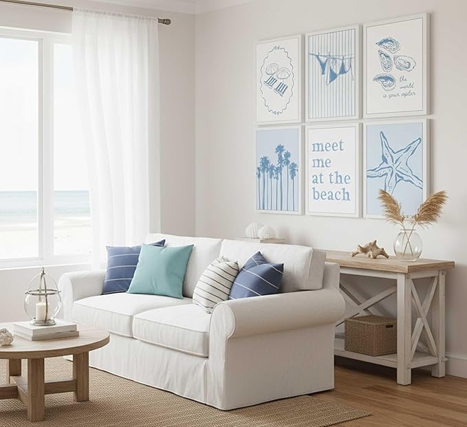 6Pcs Blue Coastal Granddaughter Canvas Wall Art Beach Shell Bikini Plant Starfish Painting Picture Wall Decor Poster Print Artwork for Teen Girl Room Dorm Apartment Unframed