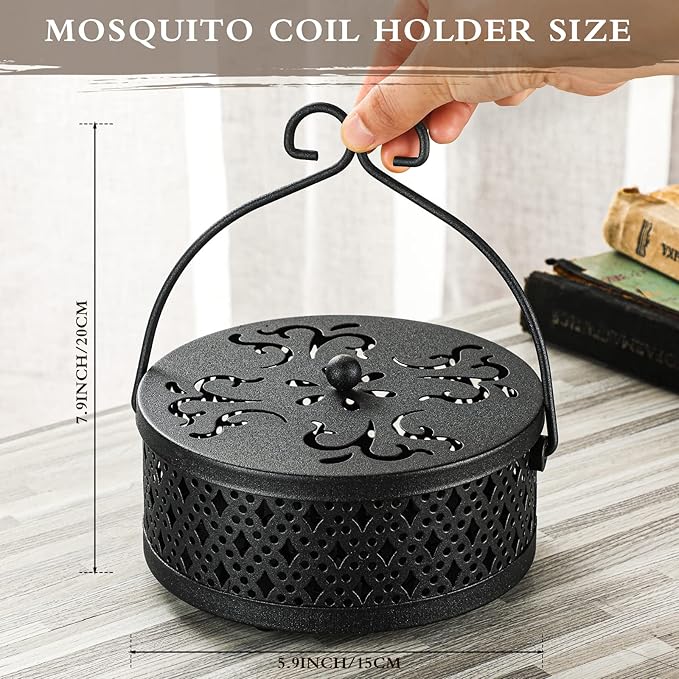 4 Pieces Mosquito Coil Holder Incense Coil Holder Round Retro Portable Metal Hanging Incense Burner with Handle for Home Camping Indoor Outdoor Patio(Black)