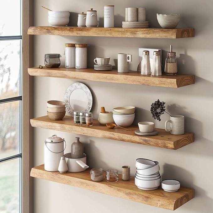 Venusmiles Live Edge Elm Floating Shelves for Wall Decor, Rustic Solid Wood Shevles Wall Mounted with Invisible Bracket for Living Room Bathroom Bedroom Kitchen, 55 Inch Set of 1, Natural