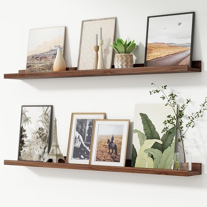 FLYJOE Picture Ledge Shelf, Floating Shelves Set of 2, 44 Inches Nursery Book Shelves for Toys Storage, Kids Bookshelf Wall Mounted for Living Room Bedroom Decor Books Photo Frames, Walnut