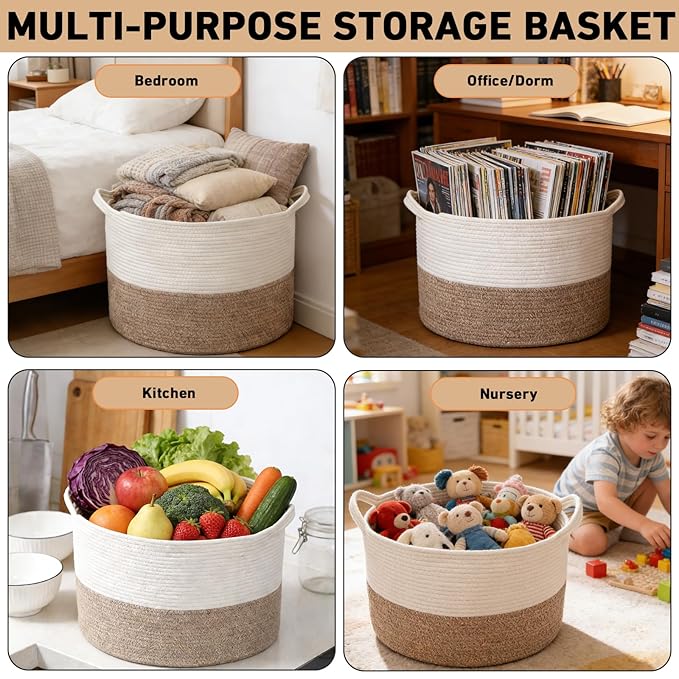 Large Woven Blanket Basket,65L Cotton Rope Laundry Basket Hamper with Handles, Decorative Nursery Basket Storage Bin for Toys, Clothes Organizer, Living Room, Bedroom, Bathroom, White & Brown