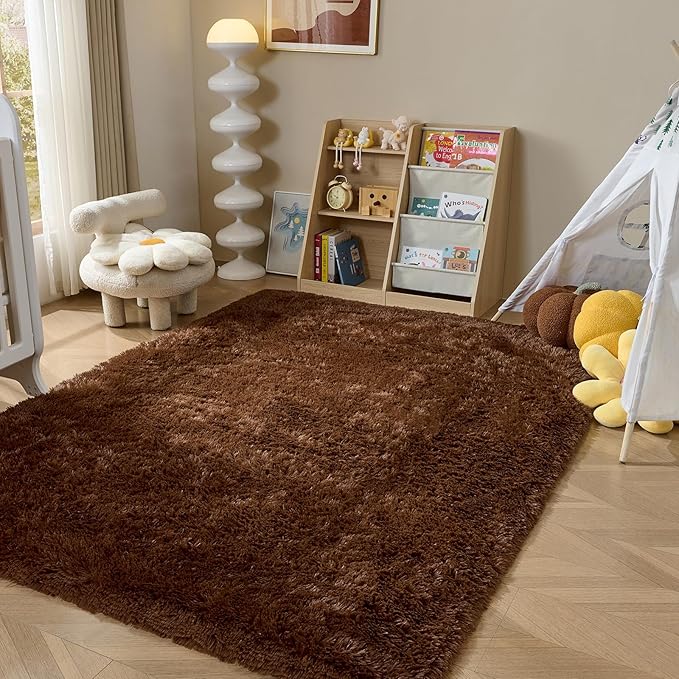 Fluffy Area Rugs for Bedroom - Soft Plush Shag Rug for Living Room Nursery Kids Room - Non Slip Fuzzy Shaggy Floor Carpets for Girls Boys Play Room Dorm Decor (Brown, 3' x 5')