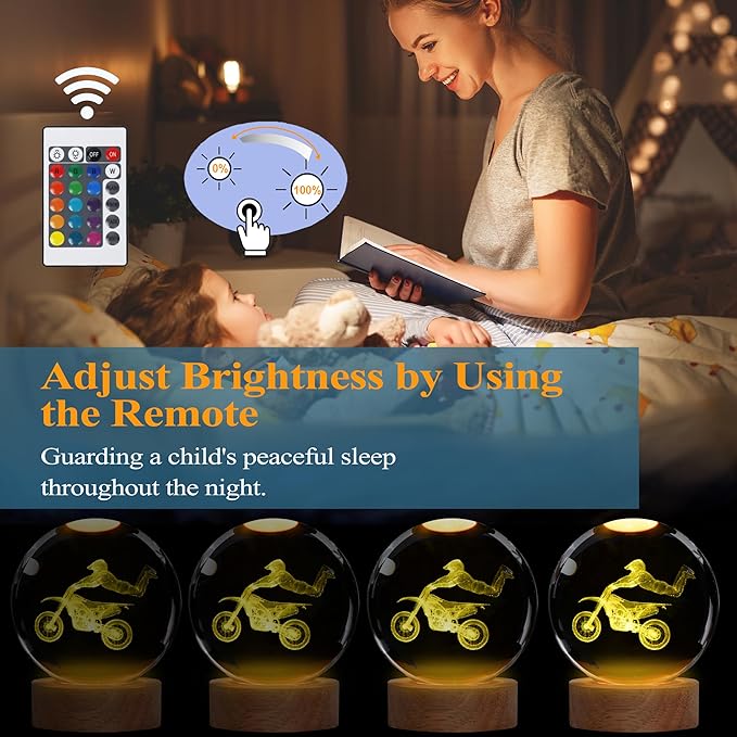 Dirt Bike Night Light, Dirt Bike Gifts, 3D Crystal Ball Dirt Bike Lamp with Remote Upgraded 3.15 Inch with 16 Color for Birthday Xmas Cool Figurines Motor Bike Gifts for Room Decor Boys Girls