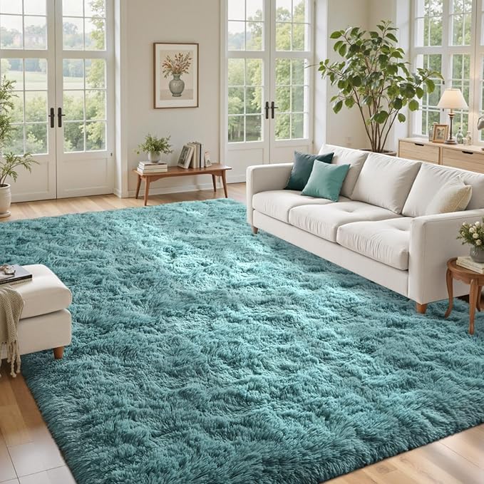 9x12 Area Rugs for Living Room Teal Shag Rugs, Modern Plush Non-Slip Soft Carpets for Bedroom Kids Nursery Dorm Daycare Floor
